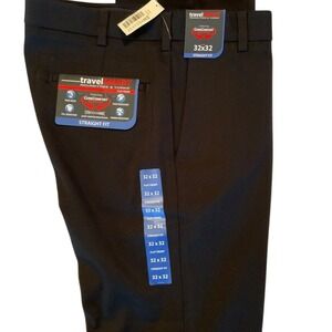 Roundtree&Yorke Travel Smart Mens 32x32 Black Flat Front Stretch Fit Dress Pants